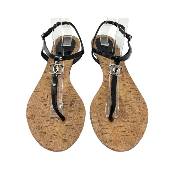 CHANEL Shoes - Chanel‎ Black Patent Thong Sandals CC Cork Sole Flat Sandals 40.5